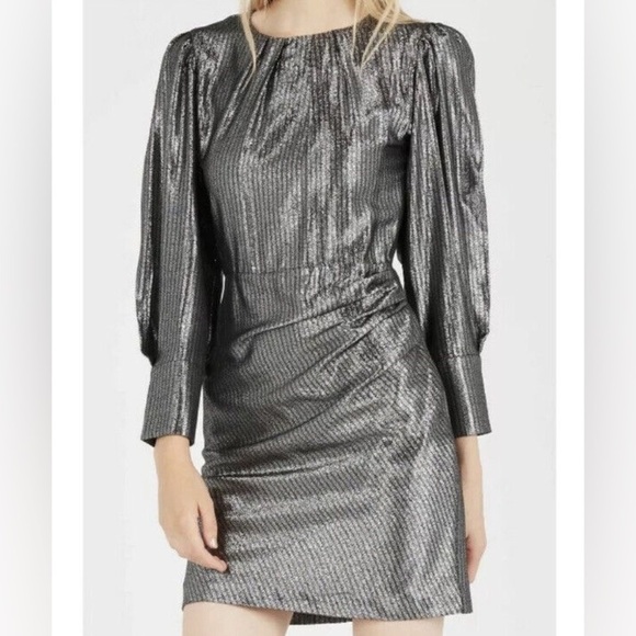 Maje Ralery Striped Metallic Mini Dress in Argent Silver EU Size 36 / US Small - Picture 6 of 16
